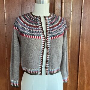 Hand Knit Fair Isle Yoke Cardigan, Heathered Natural and Multicolor